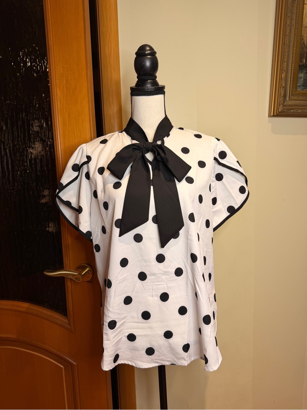 Zara White Blouse with Black Polka Dots and Tie Neck Sz XL